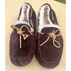 Ugg Slippers Men Size 8.5 Olsen Moccasin Brown Suede Wool Lined Casual Slip On